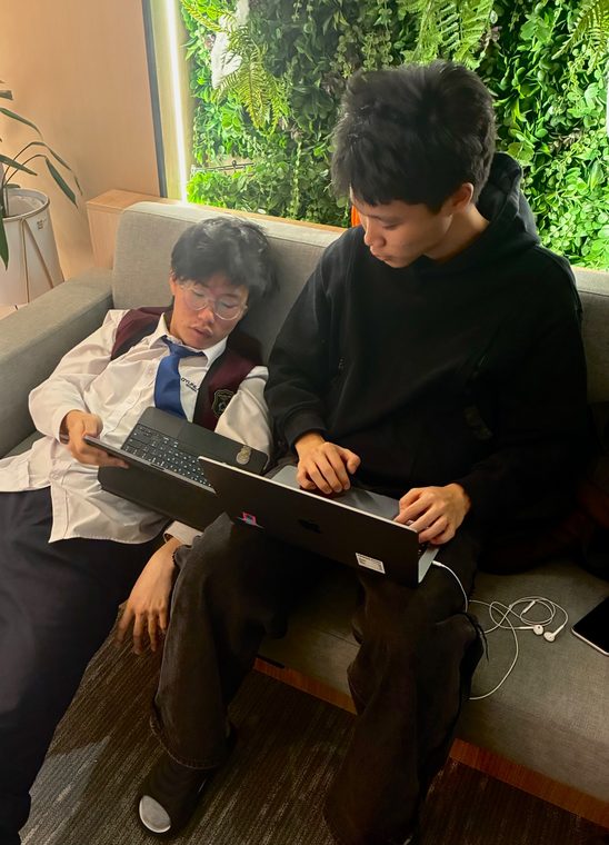 Two students work on their laptops together on a sofa